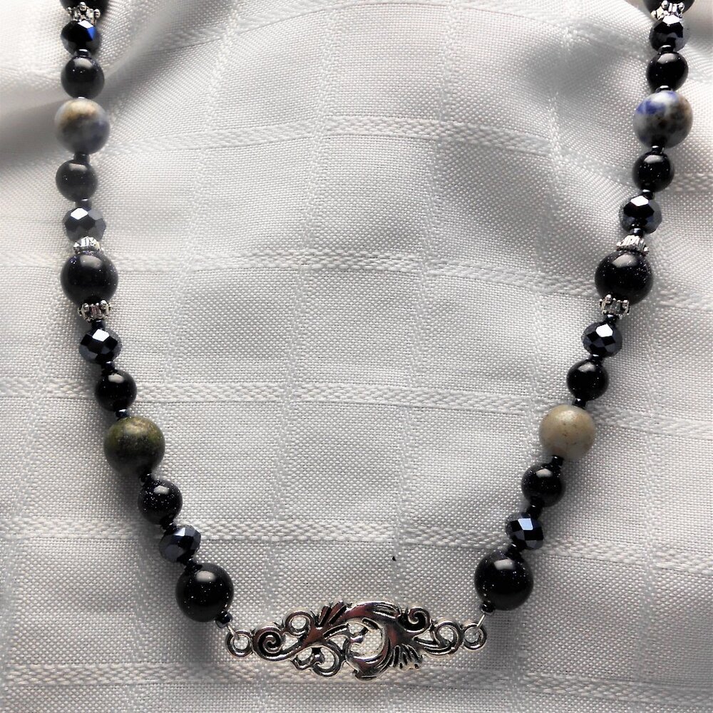 No729 Handmade necklace with Tibetan silver charm, polished stones and earrings